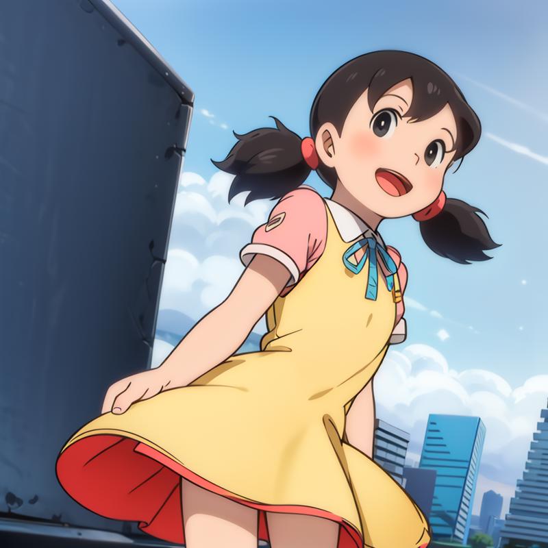 14959-1946711074-cityscape, blue sky, _Shizuka, 1girl, solo, black hair, black eyes, open mouth, smile, short twintails, dress, arms behind back,.png